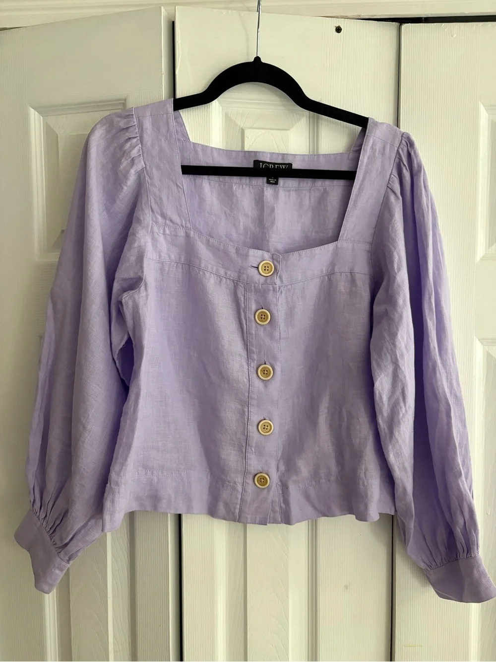 J. Crew Lavender Square-Neck Puff Sleeve Button-Front Linen Top